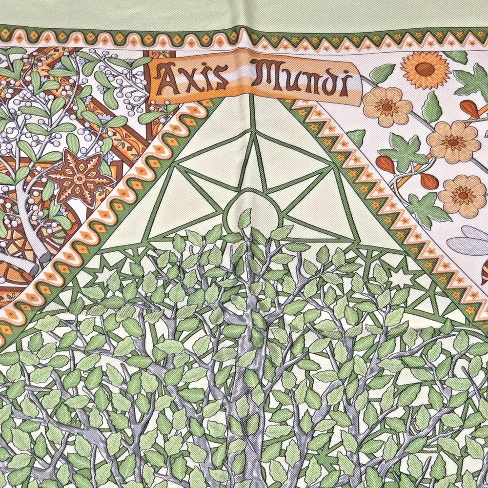 Authentic Hermès Carré 90 Axis Mundi silk scarf green beige 1999 Christine Henry - Picture 2 of 6